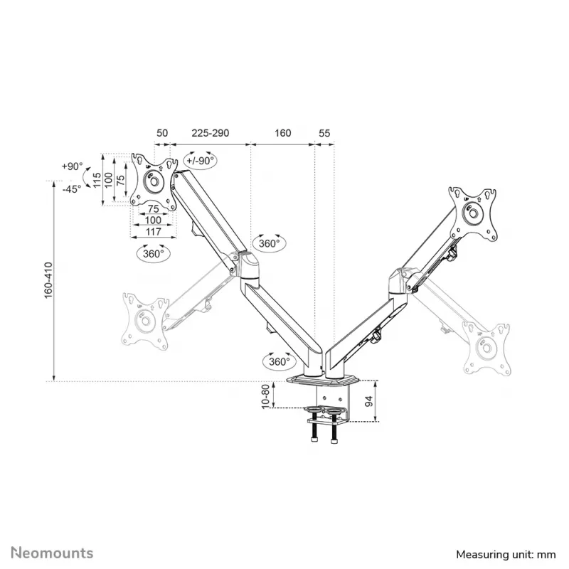 Neomounts DS70-700BL2 monitora plecs 17–27 collas - gāzes atspere, skava, 7 kg, 43,2 cm (17 collas), 68,6 cm (27 collas), 100 x 100 mm, melns