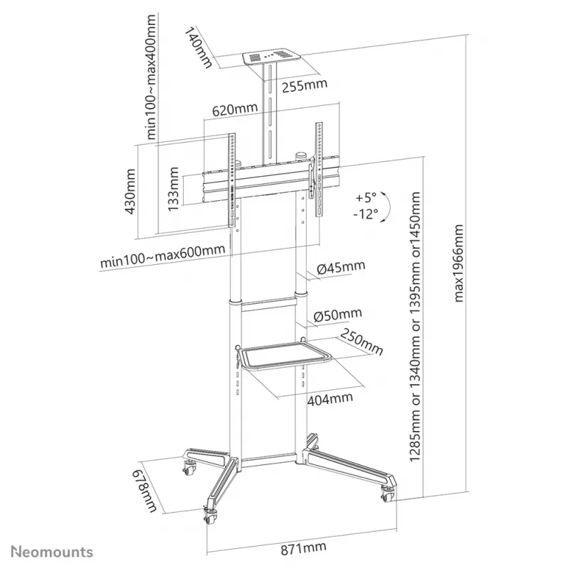 Neomounts FL50-550BL1 TV ratiņi 37-70 collas, melns, pārnēsājams grīdas statīvs, tērauds, 50 kg, 94 cm (37 collas), 177,8 cm (70 collas)