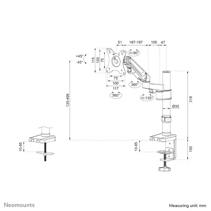 Neomounts DS70-750BL1 Monitora roka 17-27 collas - gāzes atspere, Skava/Caurule, 7 kg, 43.2 cm (17 collas), 68.6 cm (27 collas), 100 x 100 mm, Melna