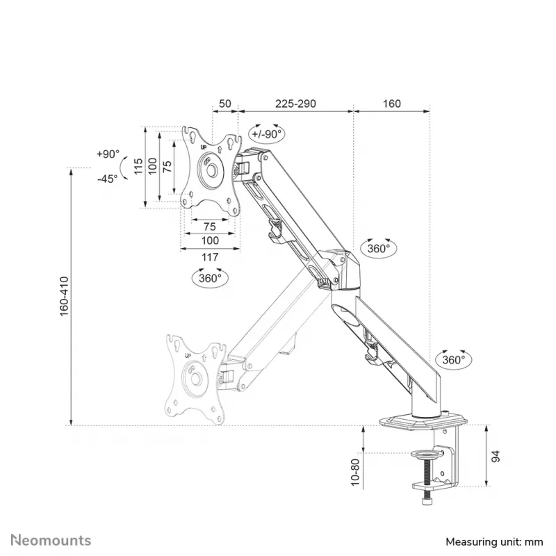 Neomounts DS70-700BL1 Monitora kronšteins 17-27 collas - gāzes atspere, Skava, 7 kg, 43,2 cm (17 collas), 68,6 cm (27 collas), 100 x 100 mm, Melna