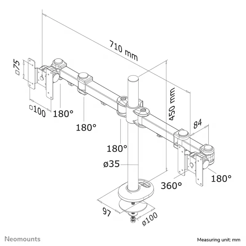 Neomounts FPMA-D960DG monitora roka 10-27 collu, caurumā stiprināma, 8 kg, 25,4 cm (10 collas), 68,6 cm (27 collas), 100 x 100 mm, melna