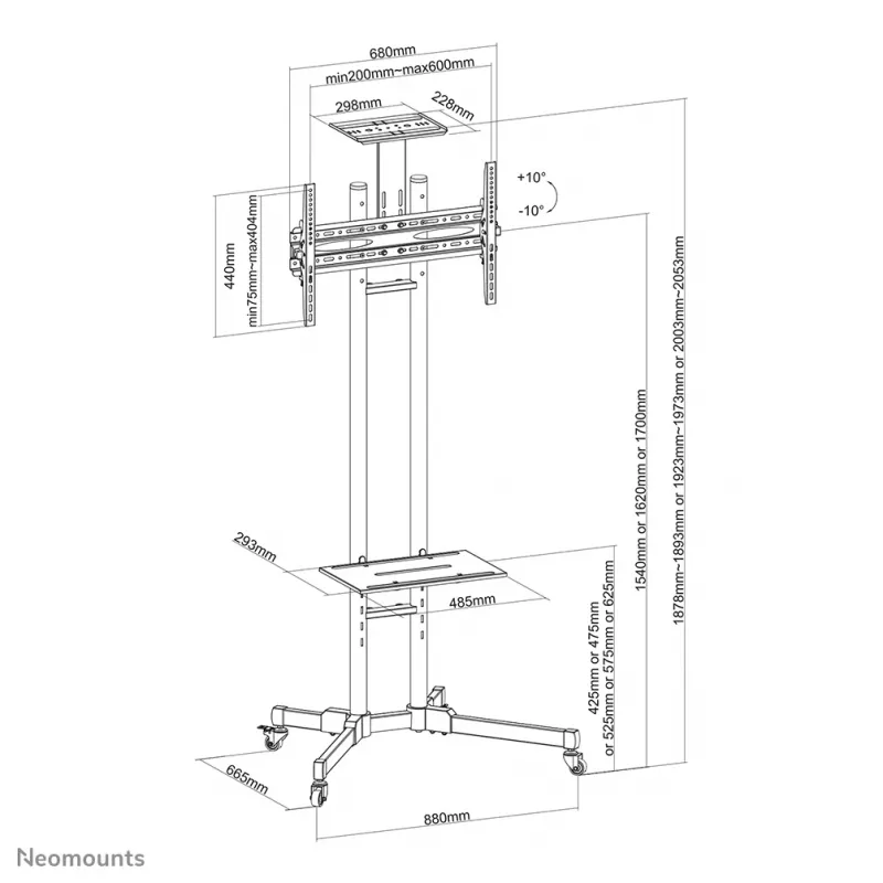 Neomounts PLASMA-M1700E TV ratiņi 32-70 collas, melns, portatīvs grīdas statīvs, tērauds, 50 kg, 81,3 cm (32 collas), 177,8 cm (70 collas)