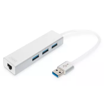 DIGITUS USB 3.0, 3 portu HUB un Gigabit LAN adapteris 3xUSB A/F, 1xUSB A/M, 1xRJ45 LAN, atbalsta Windows un Mac OS