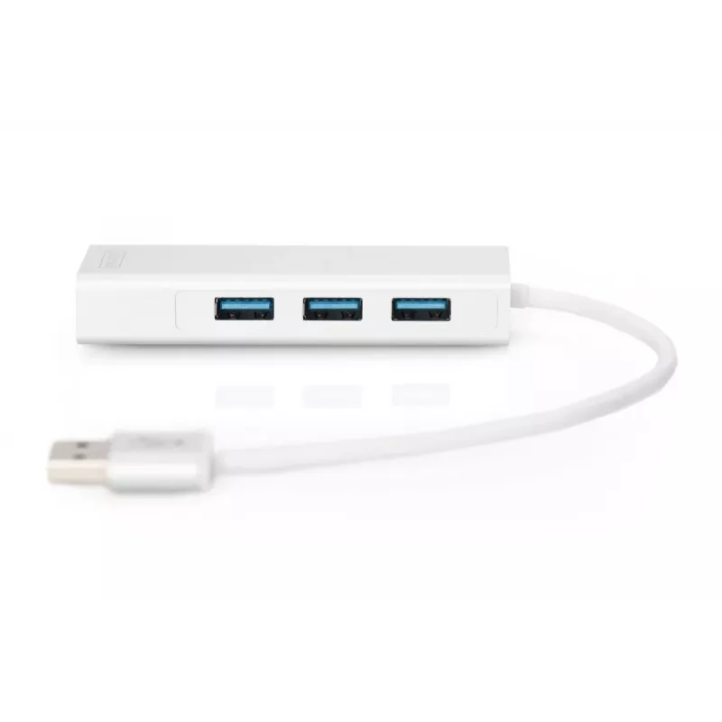 DIGITUS USB 3.0, 3 portu HUB un Gigabit LAN adapteris 3xUSB A/F, 1xUSB A/M, 1xRJ45 LAN, atbalsta Windows un Mac OS