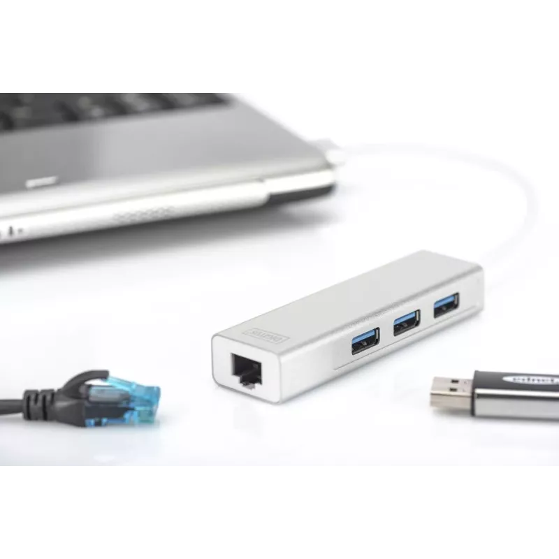 DIGITUS USB 3.0, 3 portu HUB un Gigabit LAN adapteris 3xUSB A/F, 1xUSB A/M, 1xRJ45 LAN, atbalsta Windows un Mac OS