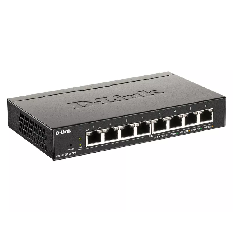 D-Link DGS-1100-08PV2 pārvaldāms L2/L3 Gigabit Ethernet (10/100/1000) Power over Ethernet (PoE) Melns