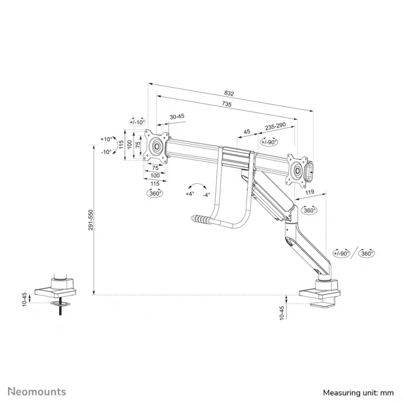 Neomounts DS75-450BL2 monitora kronšteins 17-32 collas - gāzes atspere - augšējā stiprinājums - 180° aizture