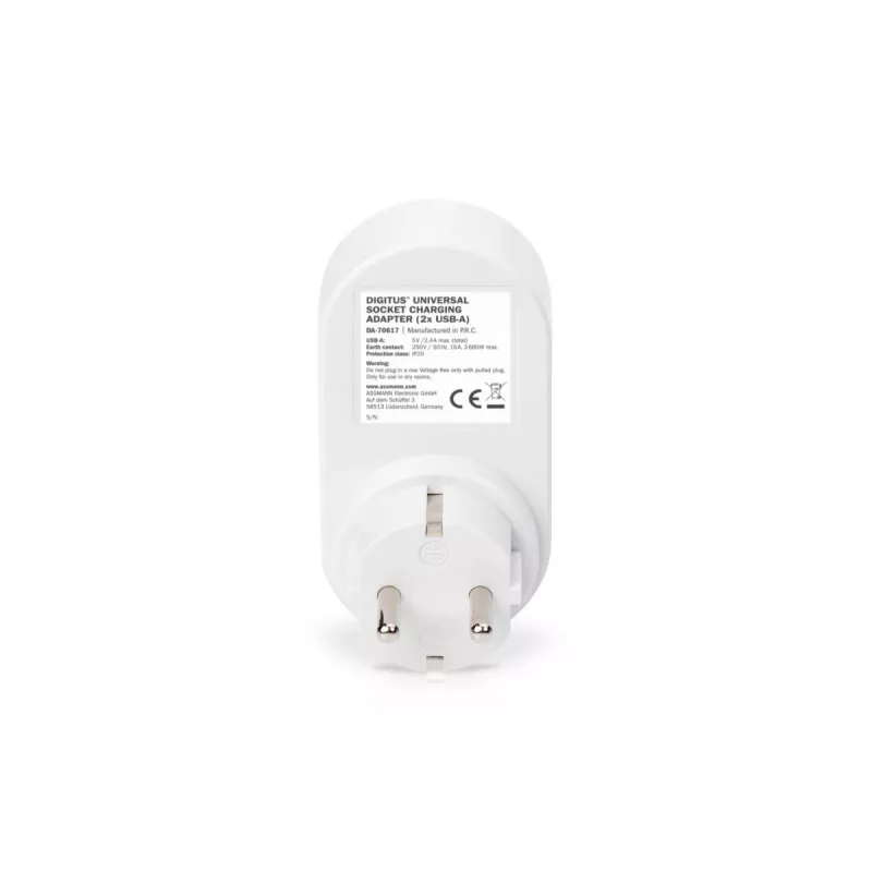 DIGITUS Strāvas adapteris ar 2 USB pieslēgvietām 250V, 50 Hz, USB: 5V, 2.1A, balta / pelēka