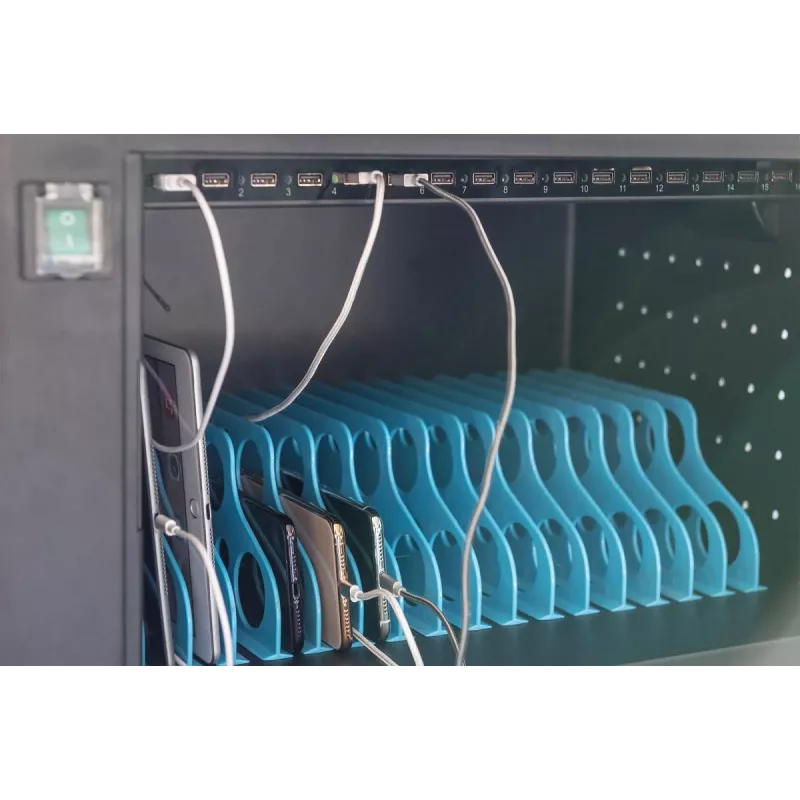 DIGITUS uzlādes skapis, 16 uzlādes vietām, 14 collas, melns 384 x 550 x 375 mm, elektr. slēdzene, iekļ. USB, ventilators