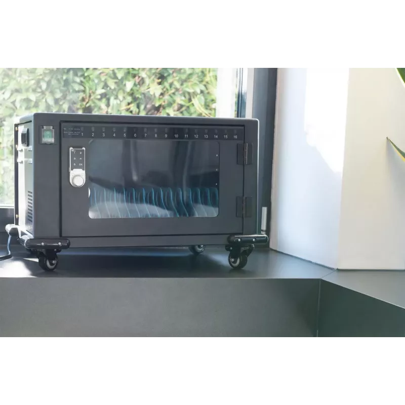 DIGITUS uzlādes skapis, 16 uzlādes vietām, 14 collas, melns 384 x 550 x 375 mm, elektr. slēdzene, iekļ. USB, ventilators