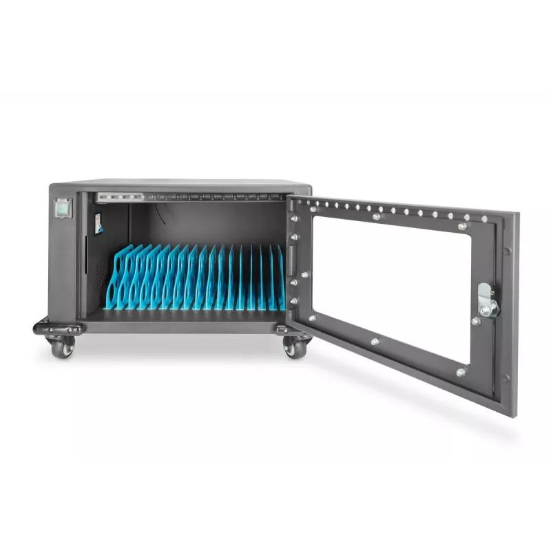 DIGITUS uzlādes skapis, 16 uzlādes vietām, 14 collas, melns 384 x 550 x 375 mm, elektr. slēdzene, iekļ. USB, ventilators