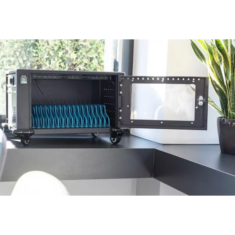 DIGITUS uzlādes skapis, 16 uzlādes vietām, 14 collas, melns 384 x 550 x 375 mm, elektr. slēdzene, iekļ. USB, ventilators