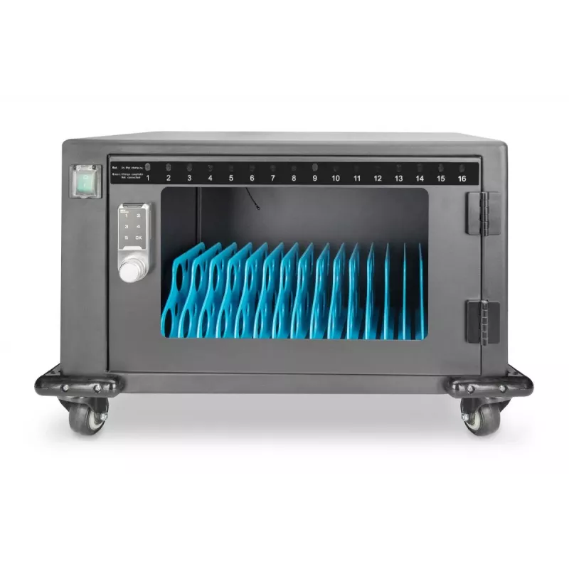DIGITUS uzlādes skapis, 16 uzlādes vietām, 14 collas, melns 384 x 550 x 375 mm, elektr. slēdzene, iekļ. USB, ventilators