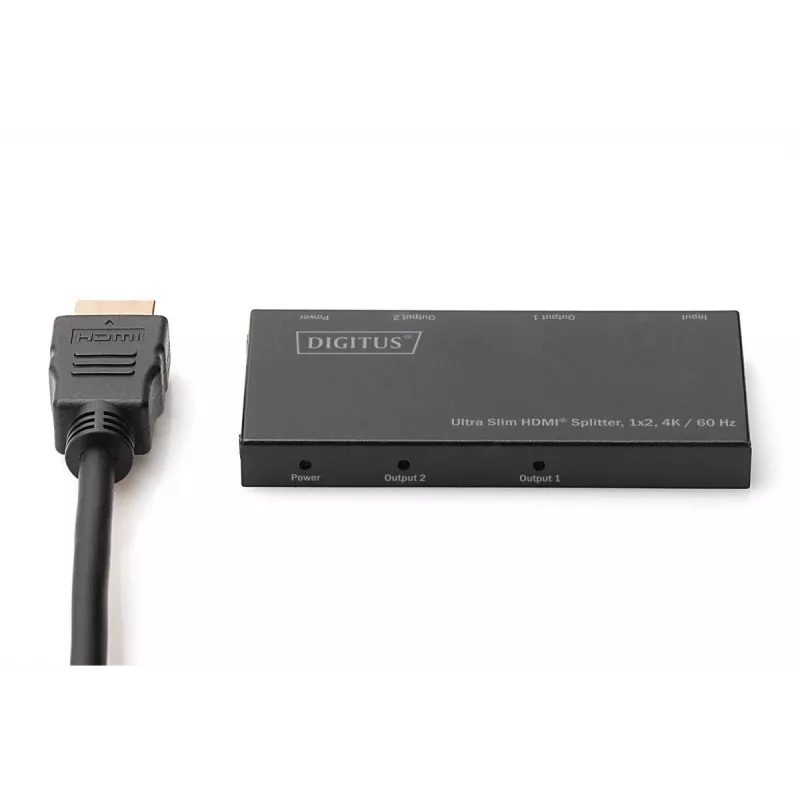 DIGITUS Ultra plāns HDMI sadalītājs, 1x2, 4K/60Hz HDR, HDCP 2.2, 18 Gbps, ar Micro USB barošanu