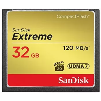 SanDisk Extreme CompactFlash karte ar 32 GB ietilpību, lasīšanas ātrumu līdz 120 MB/s un rakstīšanas ātrumu līdz 85 MB/s. Video veiktspējas garantija VPG-20.