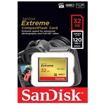 SanDisk Extreme CompactFlash karte ar 32 GB ietilpību, lasīšanas ātrumu līdz 120 MB/s un rakstīšanas ātrumu līdz 85 MB/s. Video veiktspējas garantija VPG-20.