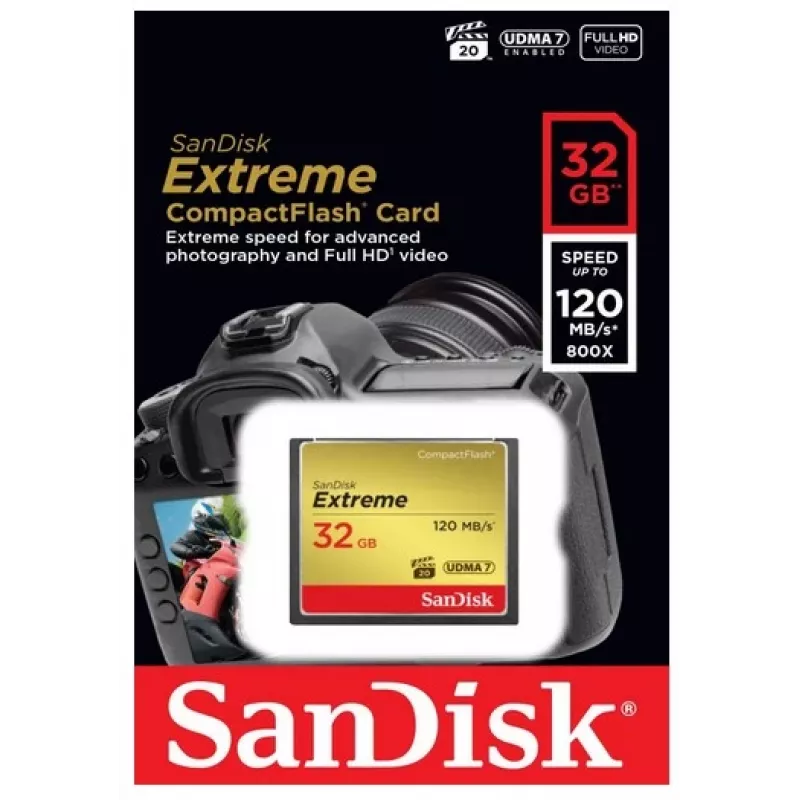 SanDisk Extreme CompactFlash karte ar 32 GB ietilpību, lasīšanas ātrumu līdz 120 MB/s un rakstīšanas ātrumu līdz 85 MB/s. Video veiktspējas garantija VPG-20.