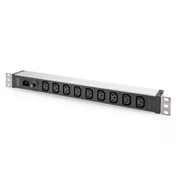 DIGITUS 1U alumīnija PDU, montējams statīvā, 9x C13, 10A, 230VAC, 50/60Hz, IEC C14 ieeja, 10A drošinātājs