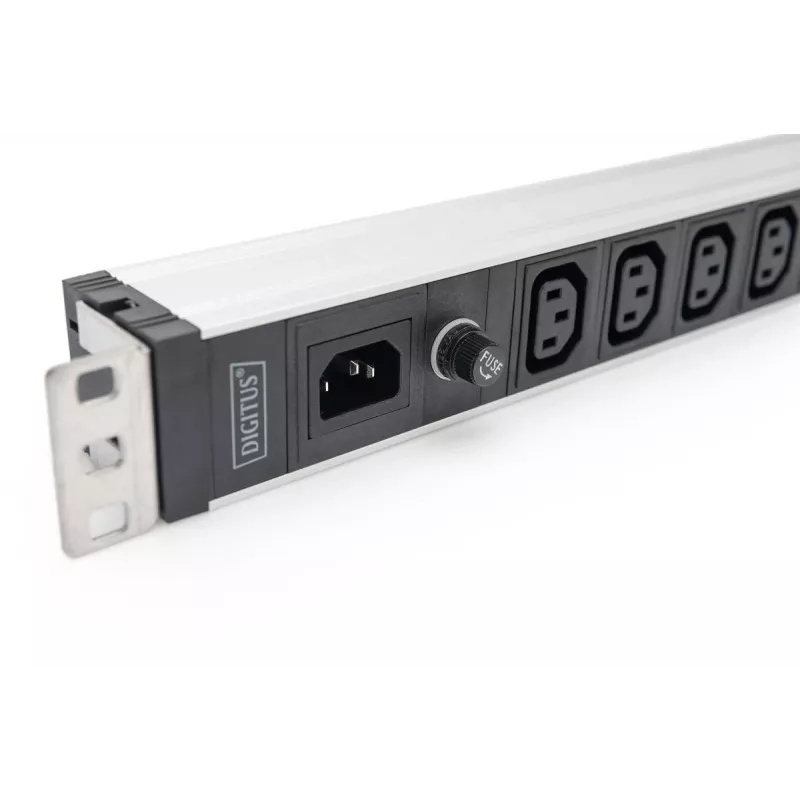 DIGITUS 1U alumīnija PDU, montējams statīvā, 9x C13, 10A, 230VAC, 50/60Hz, IEC C14 ieeja, 10A drošinātājs