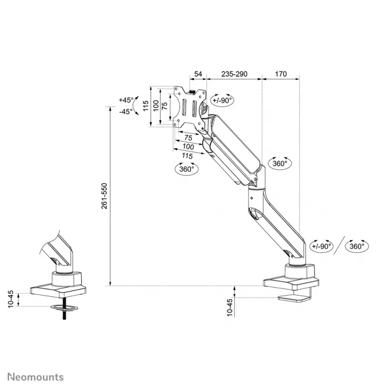 Neomounts DS70PLUS-450WH1 Monitora statīvs 17-49 collas - gāzes atspere - galda stiprinājums - 180° apturēšanas mehānisms