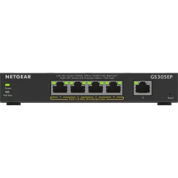 NETGEAR 5-Portu Gigabit Ethernet PoE+ Plus slēdzis (GS305EP) - Pārvaldāms L2/L3 Gigabit Ethernet (10/100/1000) ar Power over Ethernet (PoE) melns