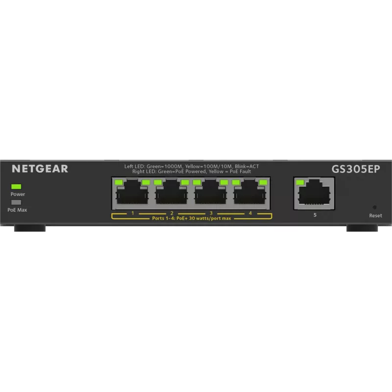 NETGEAR 5-Portu Gigabit Ethernet PoE+ Plus slēdzis (GS305EP) - Pārvaldāms L2/L3 Gigabit Ethernet (10/100/1000) ar Power over Ethernet (PoE) melns