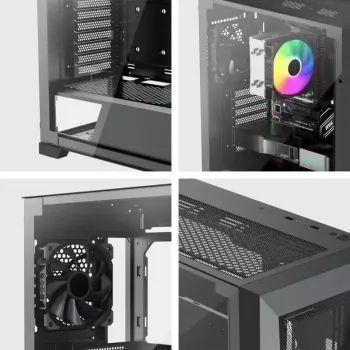 PC Midi Tower korpuss XILENCE XG151 — melns, atbalsta ATX/Micro-ATX/Mini-ITX, apakšējais barošanas bloks, 2x 3,5 collu + 4x 2,5 collu nodalījumi