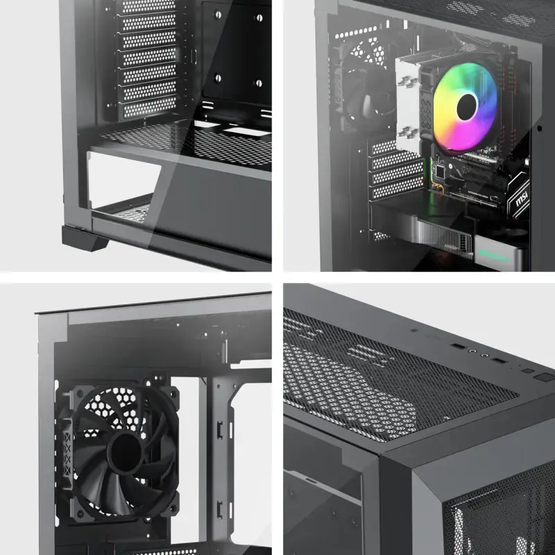PC Midi Tower korpuss XILENCE XG151 — melns, atbalsta ATX/Micro-ATX/Mini-ITX, apakšējais barošanas bloks, 2x 3,5 collu + 4x 2,5 collu nodalījumi