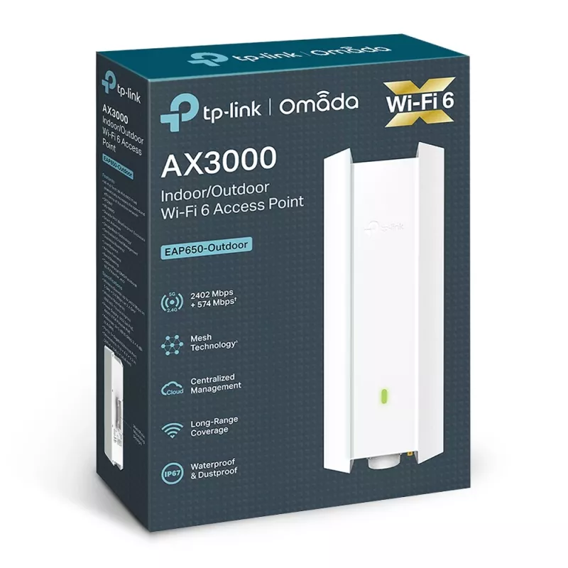TP-Link Omada AX3000 iekštelpu/ārtelpu WiFi 6 piekļuves punkts, 2,4 GHz, 5 GHz, 3000 Mbit/s, WPA, WPA-Enterprise, WPA2, WPA2-Enterprise, WPA3, WPA3-Enterprise, 10,100,1000 Mbit/s
