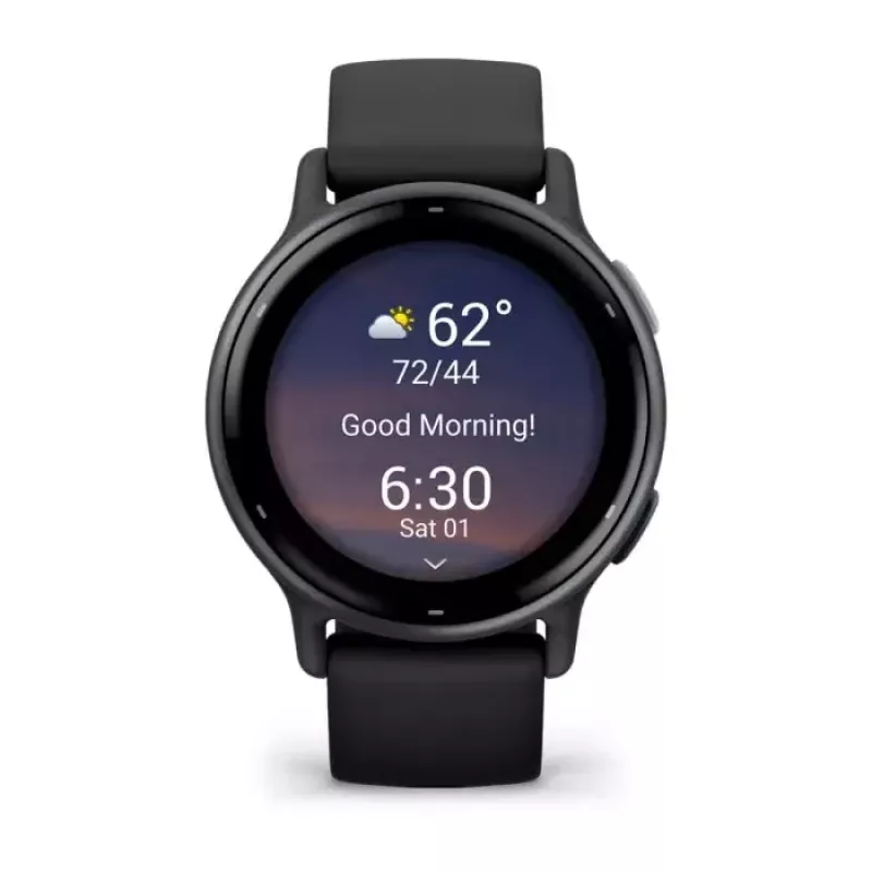 Smartwatch GARMIN Vivoactive 5 Melns — 42 mm korpuss, AMOLED 1,2 collas, GPS/GLONASS/Galileo, 5 ATM, optiskais pulsa mērītājs, SpO2, 11 dienu akumulators