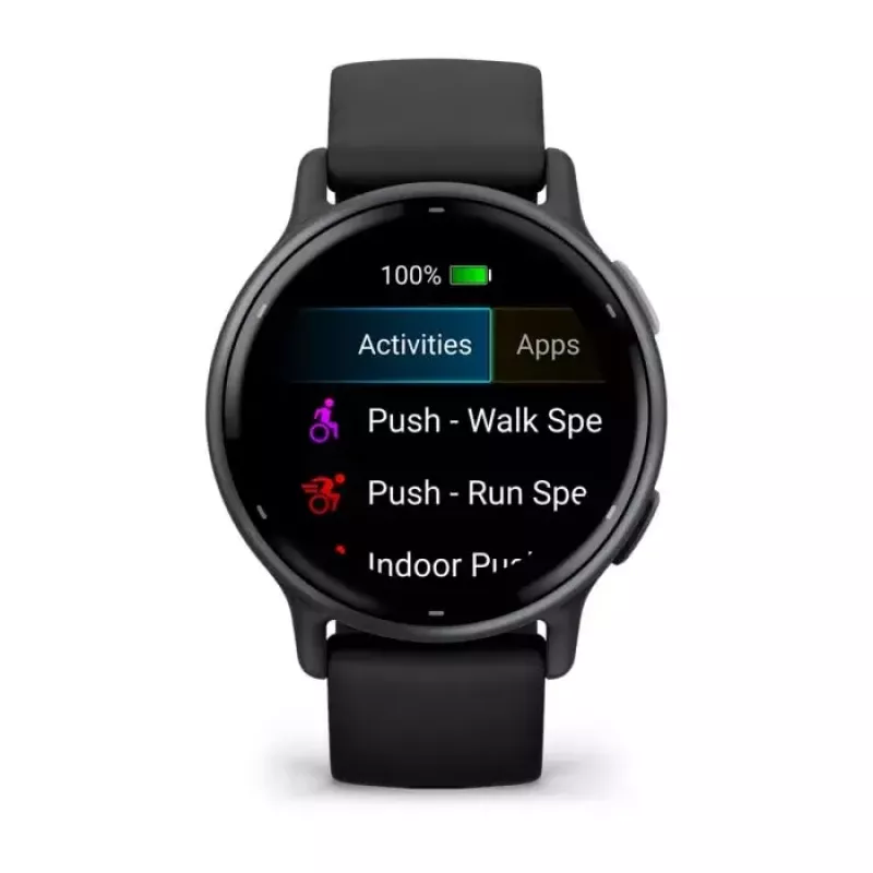 Smartwatch GARMIN Vivoactive 5 Melns — 42 mm korpuss, AMOLED 1,2 collas, GPS/GLONASS/Galileo, 5 ATM, optiskais pulsa mērītājs, SpO2, 11 dienu akumulators
