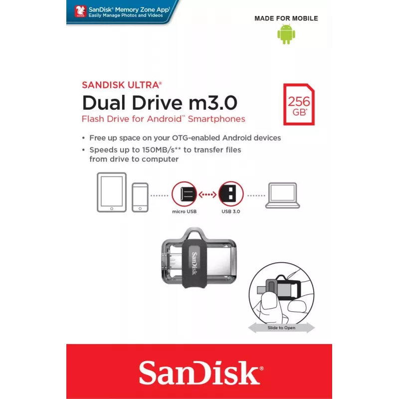WESTERN DIGITAL SanDisk ULTRA DUAL DRIVE M3.0 - 256 GB USB zibatmiņa - micro-USB / USB 3.0