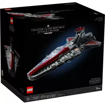 LEGO Star Wars Republic Venator Class Attack Cruiser 75367 — konstruktoru komplekts, 5374 gab., 320×1090×540 mm, 2 minifigūras, vecums 18+