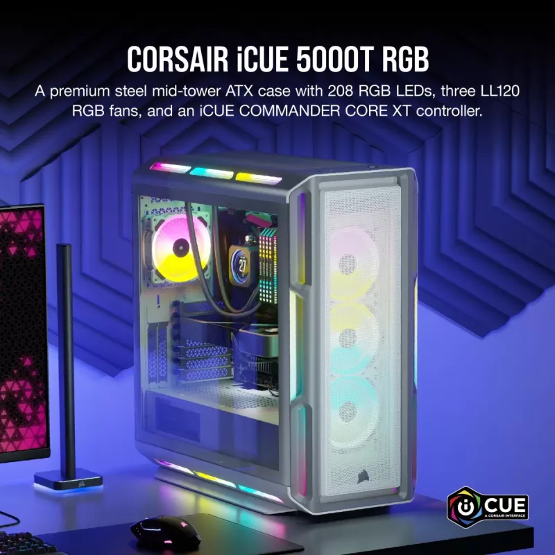 CORSAIR Midi Tower ATX datora korpuss - iCUE 5000T - RGB rūdītais stikls - balts