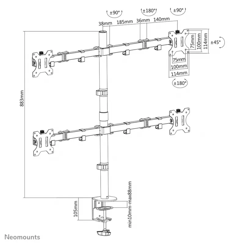 Neomounts FPMA-D550D4Melns Monitora statīvs 13-32 collām, Skava/caurums, 6 kg, 33 cm (13 collas), 81,3 cm (32 collas), 100 x 100 mm, Melns