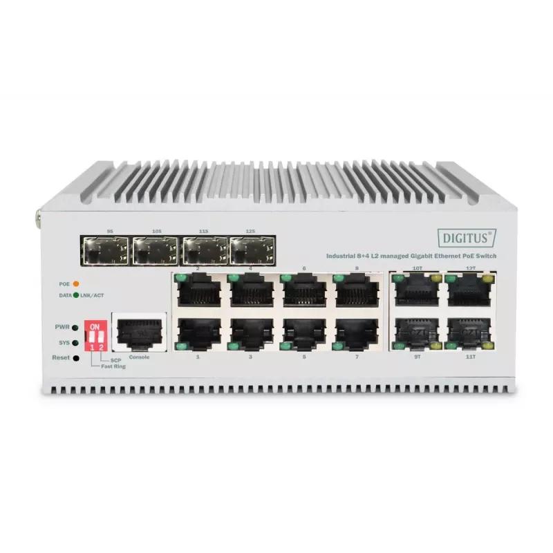 DIGITUS Gigabit Ethernet tīkla PoE slēdzis - 8 portu industriālais, L2 pārvaldāms, 4 SFP augšupsaites