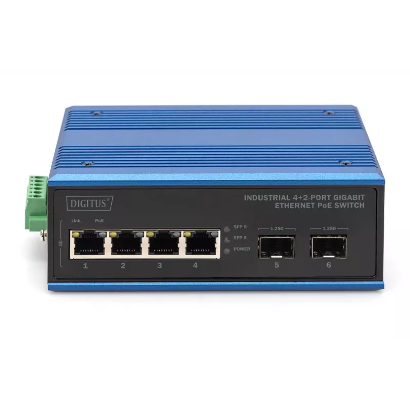 DIGITUS Industrial 4+2 portu Gigabit Ethernet PoE slēdzis, 4 porti GE PoE RJ45, 2 GE SFP porti