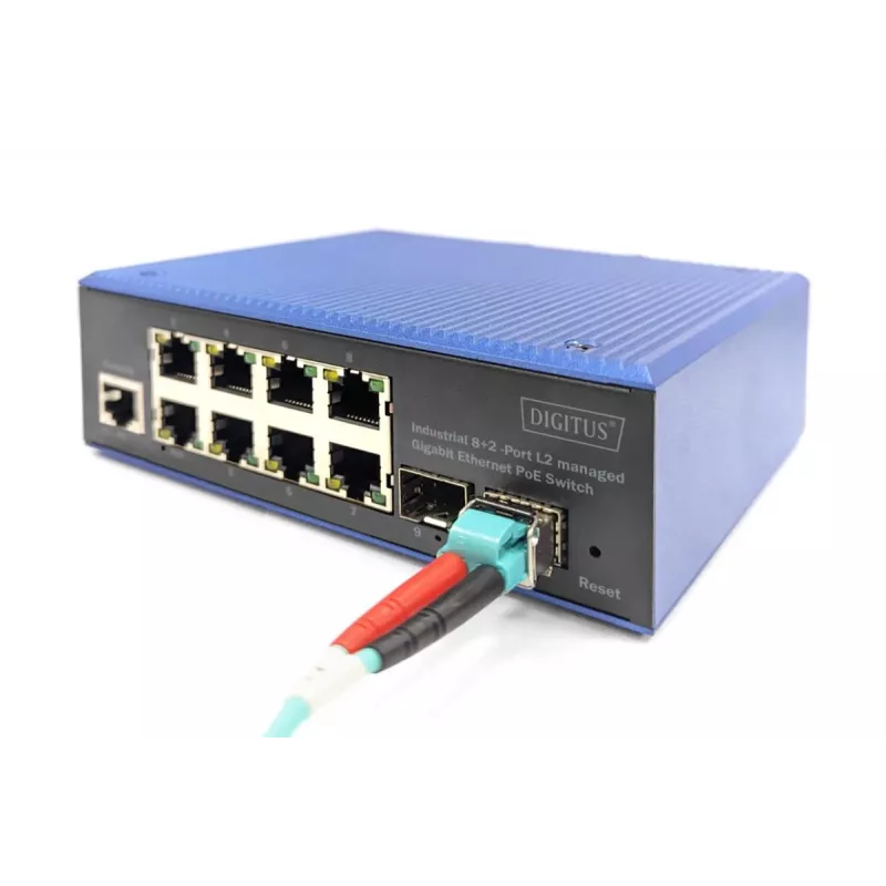 DIGITUS Industrial 8+2-Port Gigabit L2 pārvaldīts Ethernet POE slēdzis 8xGE RJ45 + 2 SFP Port IEEE802.3at (30W)
