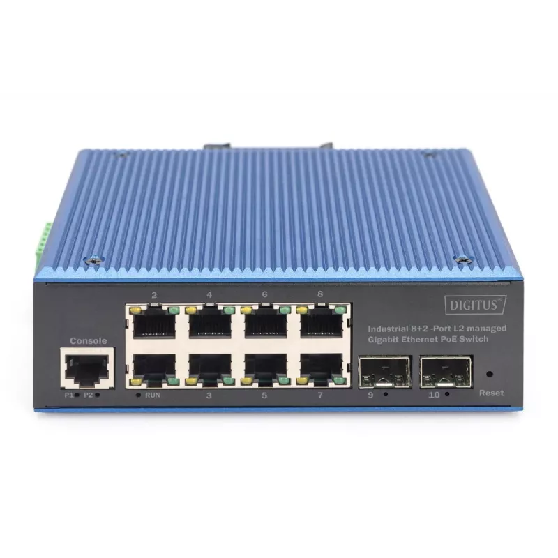 DIGITUS Industrial 8+2-Port Gigabit L2 pārvaldīts Ethernet POE slēdzis 8xGE RJ45 + 2 SFP Port IEEE802.3at (30W)