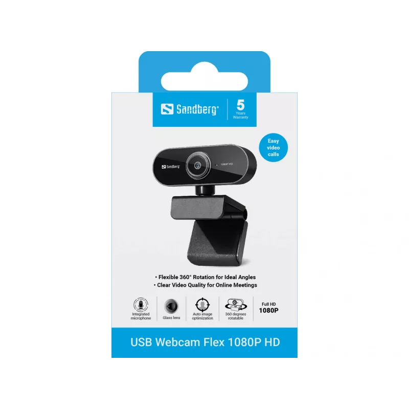 Sandberg USB Webcam Flex 1080P HD, 2 MP, 1920 x 1080 pikseļi, Full HD, 30 kadri/s, USB, Melns