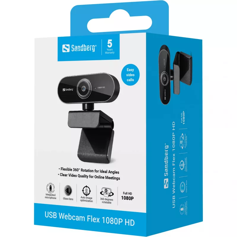 Sandberg USB Webcam Flex 1080P HD, 2 MP, 1920 x 1080 pikseļi, Full HD, 30 kadri/s, USB, Melns