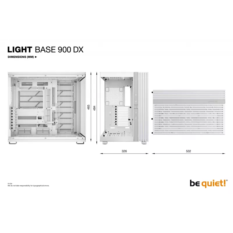 PC korpuss be quiet! LIGHT BASE 900 DX balta Full Tower — ATX/EATX atbalsts, stikla sāns, multi RGB, max GPU 495 mm, CPU dzesētāja augstums 190 mm