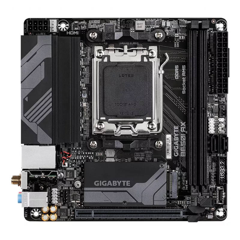 GIGABYTE B650I AX mātesplate - AMD Ryzen 9000 sērijas CPU, 5+2+1 fāžu VRM, līdz 6400MHz DDR5 (OC), 1xPCIe 4.0 M.2, 2.5GbE LAN, WIFI 6E, USB 3.2 Gen 2