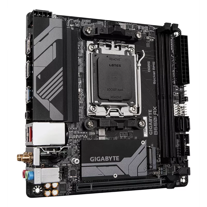 GIGABYTE B650I AX mātesplate - AMD Ryzen 9000 sērijas CPU, 5+2+1 fāžu VRM, līdz 6400MHz DDR5 (OC), 1xPCIe 4.0 M.2, 2.5GbE LAN, WIFI 6E, USB 3.2 Gen 2