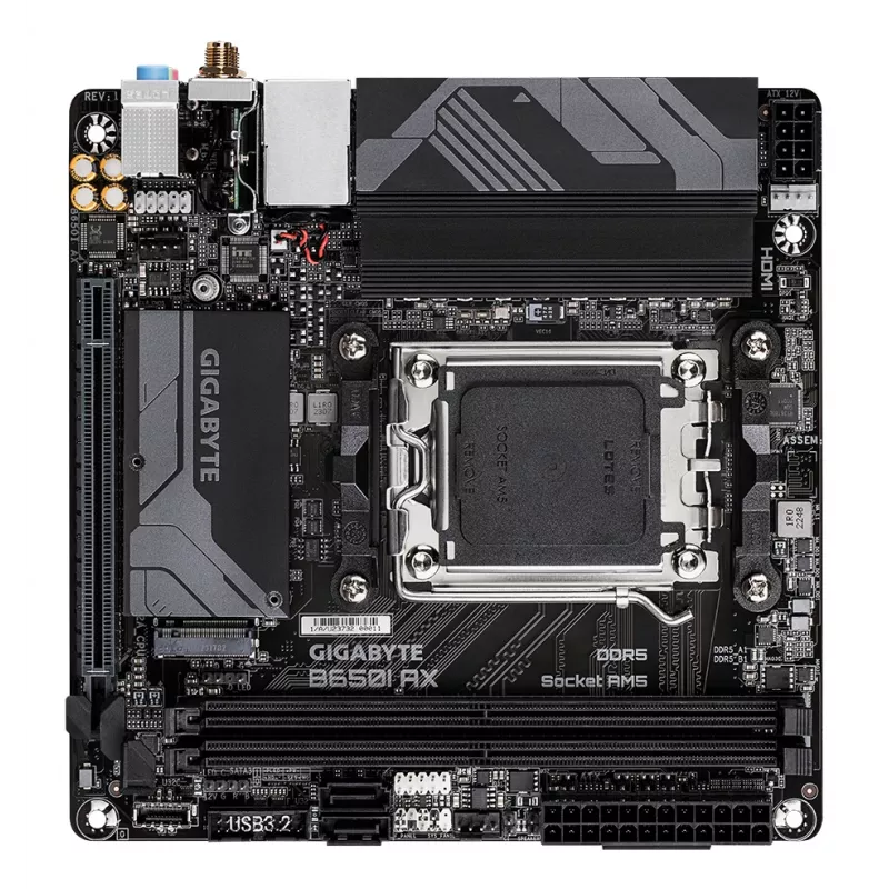 GIGABYTE B650I AX mātesplate - AMD Ryzen 9000 sērijas CPU, 5+2+1 fāžu VRM, līdz 6400MHz DDR5 (OC), 1xPCIe 4.0 M.2, 2.5GbE LAN, WIFI 6E, USB 3.2 Gen 2
