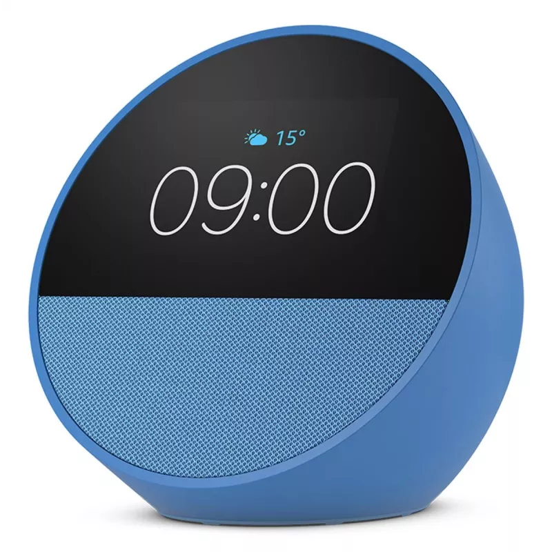 Viedais displeja skaļrunis Amazon Echo Spot — 2,83 collas (7,19 cm) 320×240, MediaTek CPU, Wi‑Fi a/b/g/n/ac, 2,1 W skaļrunis, zils