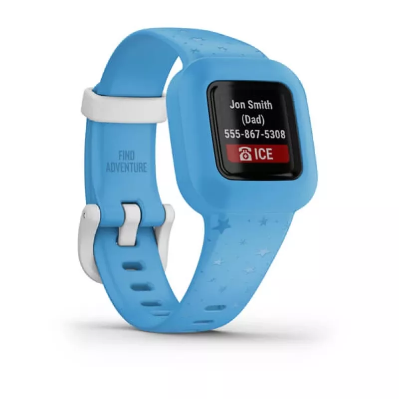 Aktivitätes aproce GARMIN vivofit jr. 3 — silikona siksniņa, zilas zvaigznes, 5 ATM, MIP 112×112, CR1632 baterija (365 dienas)