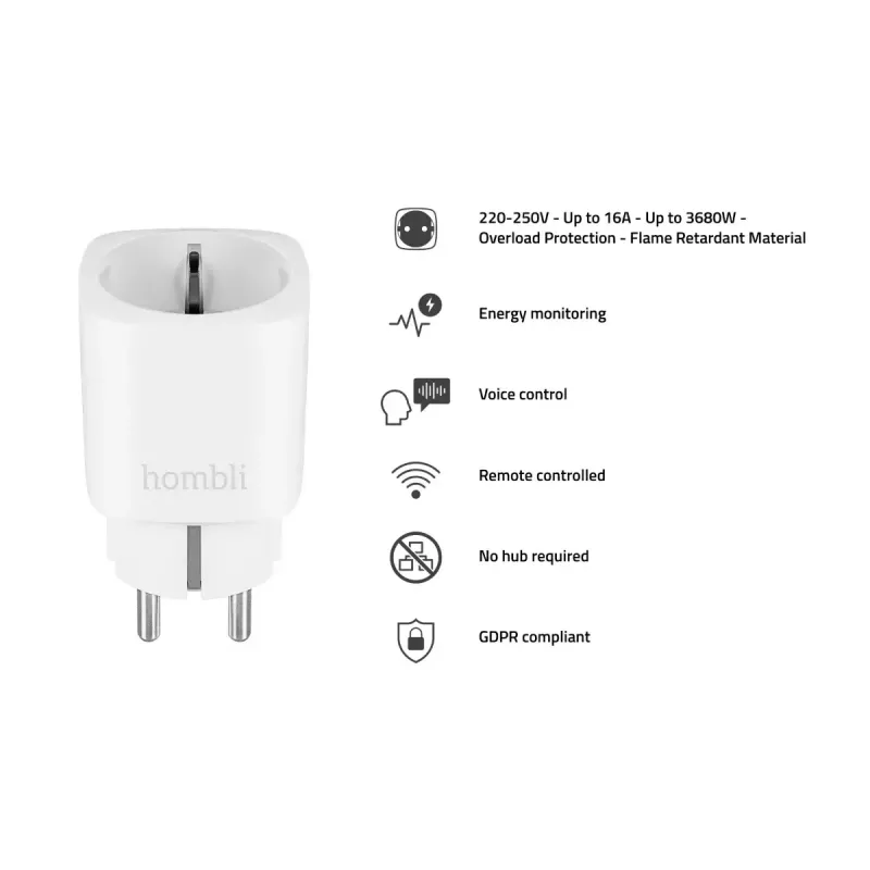 Smart plug Hombli Smart Socket EU by Avanca International BV — Wi‑Fi, 220–250 V, 50–60 Hz, maks. 3540 W, iekštelpām, balts, plastmasa, 46×46×84 mm