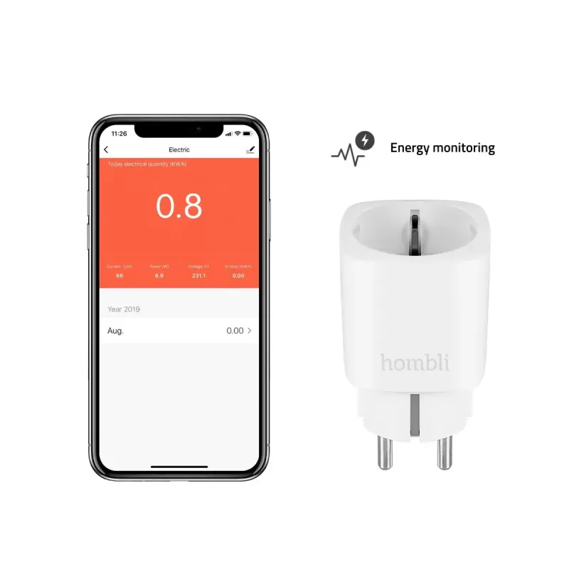 Smart plug Hombli Smart Socket EU by Avanca International BV — Wi‑Fi, 220–250 V, 50–60 Hz, maks. 3540 W, iekštelpām, balts, plastmasa, 46×46×84 mm