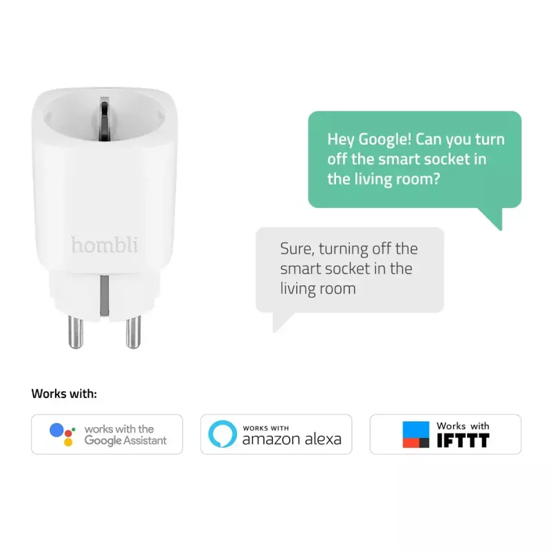 Smart plug Hombli Smart Socket EU by Avanca International BV — Wi‑Fi, 220–250 V, 50–60 Hz, maks. 3540 W, iekštelpām, balts, plastmasa, 46×46×84 mm